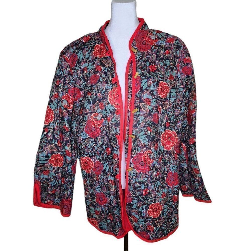 Vintage 80s Quilted Chinese Jacket Womens Size 3XL Red Floral Plus Size